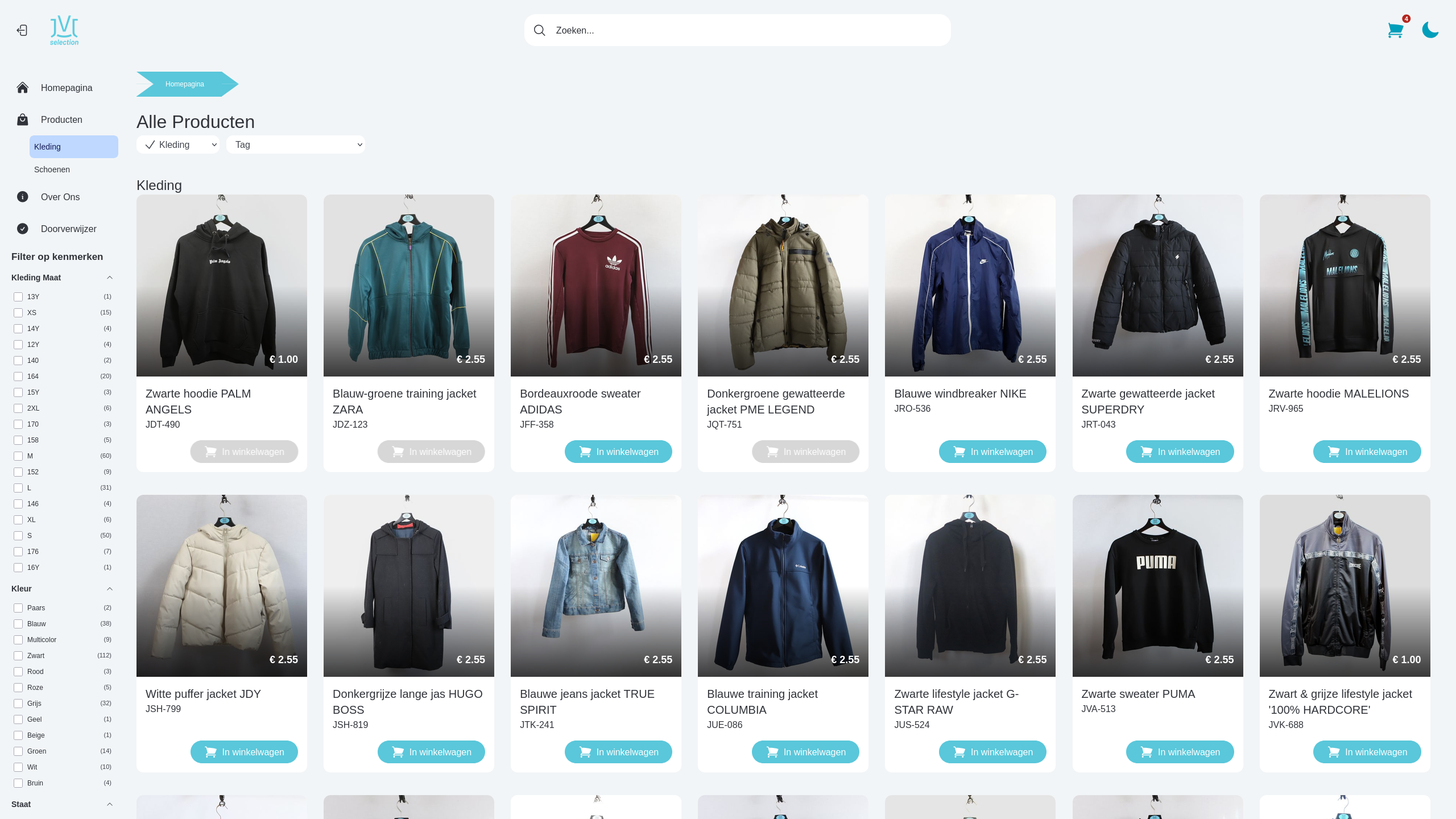 JVJ Selection homepage, productoverzicht
